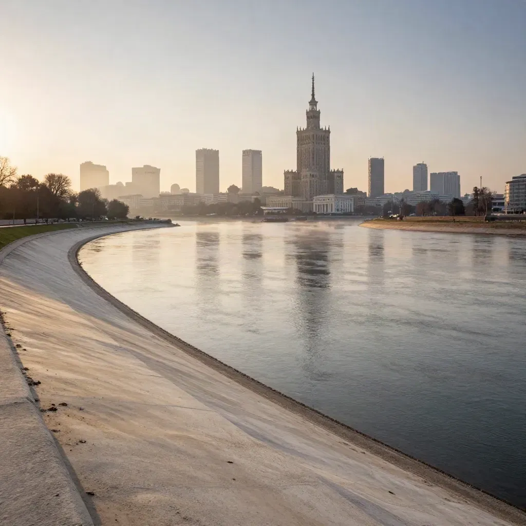 Warszawa nad Wisłą we mgle po deszczu o zachodzie słońca
