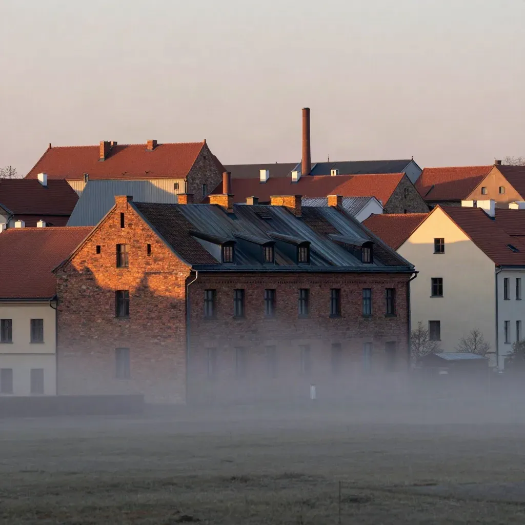Śląskie miasto z ceglanymi fasadami i stalowymi dachami w wieczornej mgle